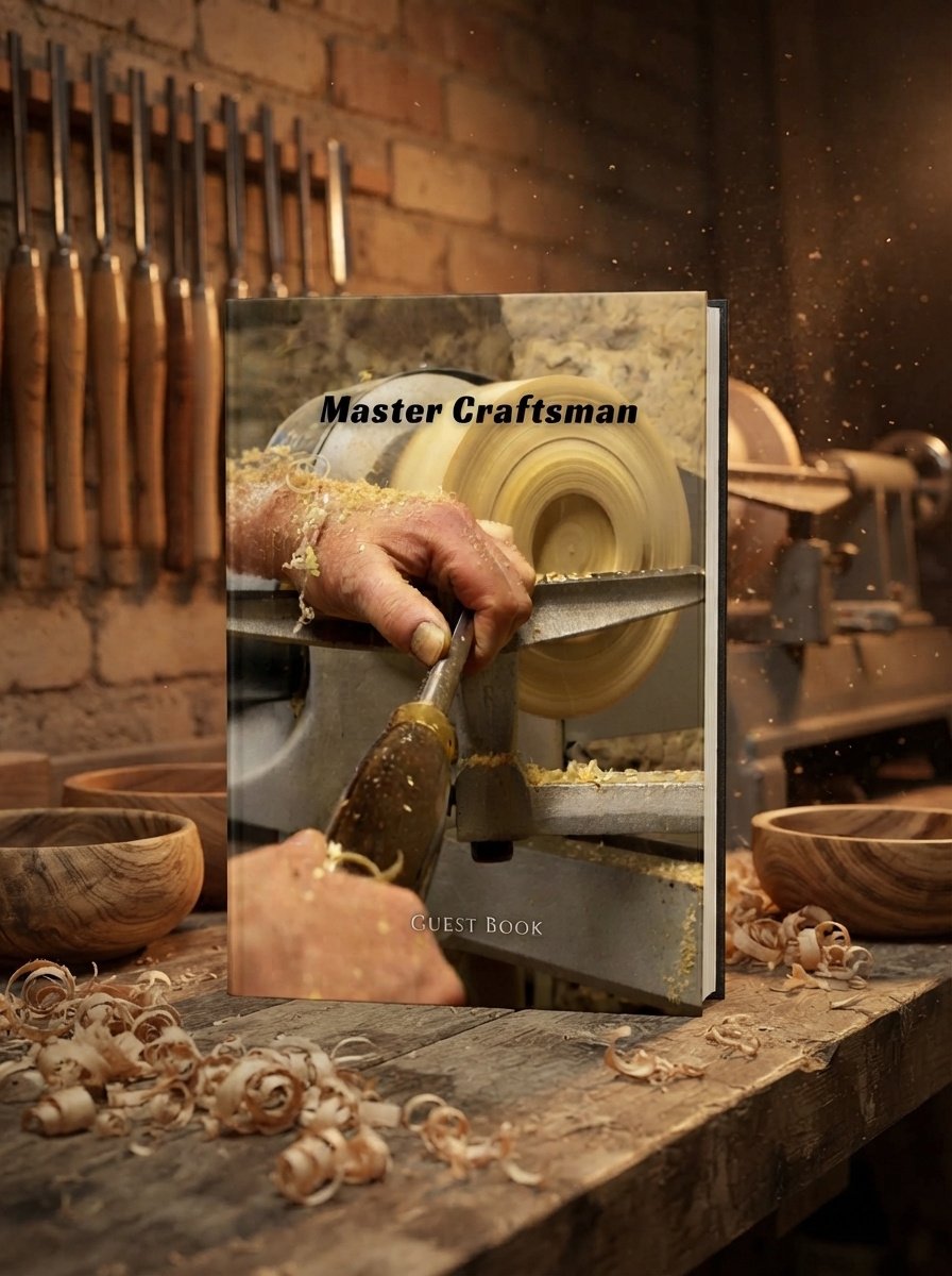 Vintage wood lathe celebration of life guest book, 8.25 x 11 hardcover memorial sign-in book for a woodturner, woodworker, or craftsman's funeral or memorial service