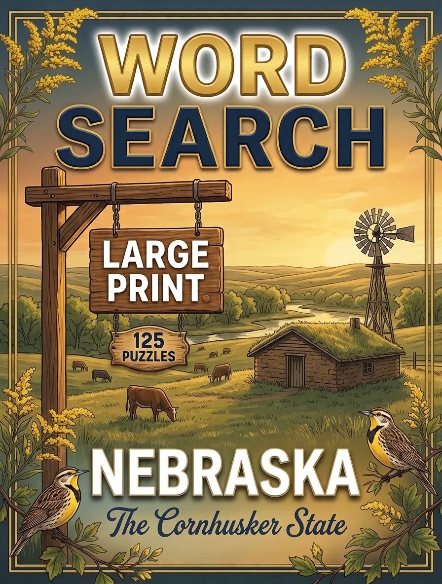 Large-print word searches featuring Nebraska