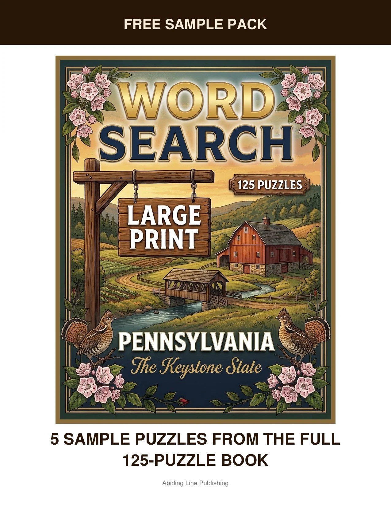 Pennsylvania
Before you commit to the whole book, this free sample pack lets you try it firsthand: five real puzzles inspired by red barns, rolling hills, and covered bridges, pulled straight from the pages. Printed large and clear, just like every p
