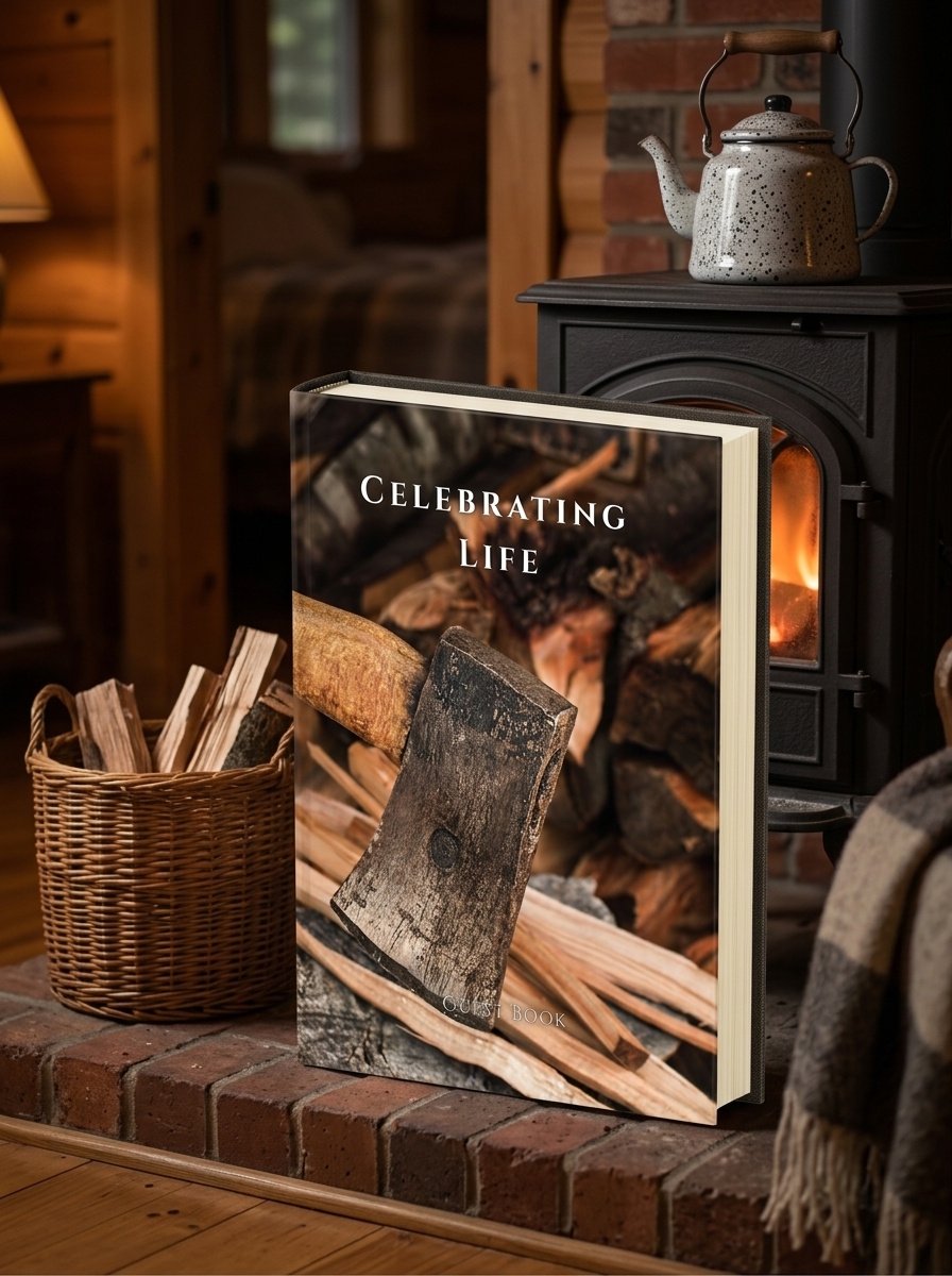 Axe in stump celebration of life guest book, 8.25 x 11 hardcover memorial sign-in book for a woodsman, outdoorsman, or hard-working man's funeral or memorial service
