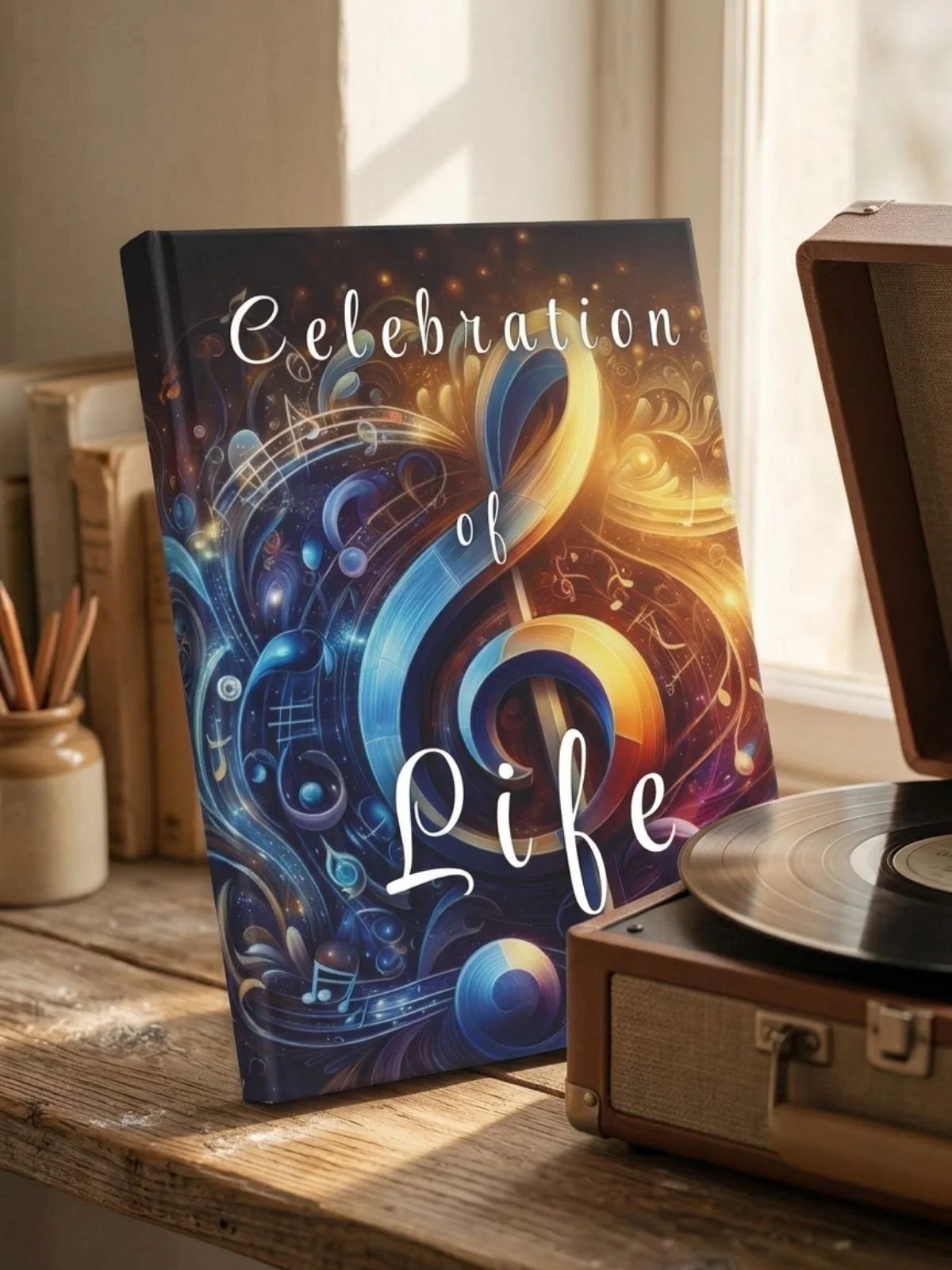 A book titled 'Celebration of Life' with a colorful, musical-themed cover leaning against a wall. A vinyl record player is partially visible on the right, and a small jar filled with pencils is on the left on a wooden surface.