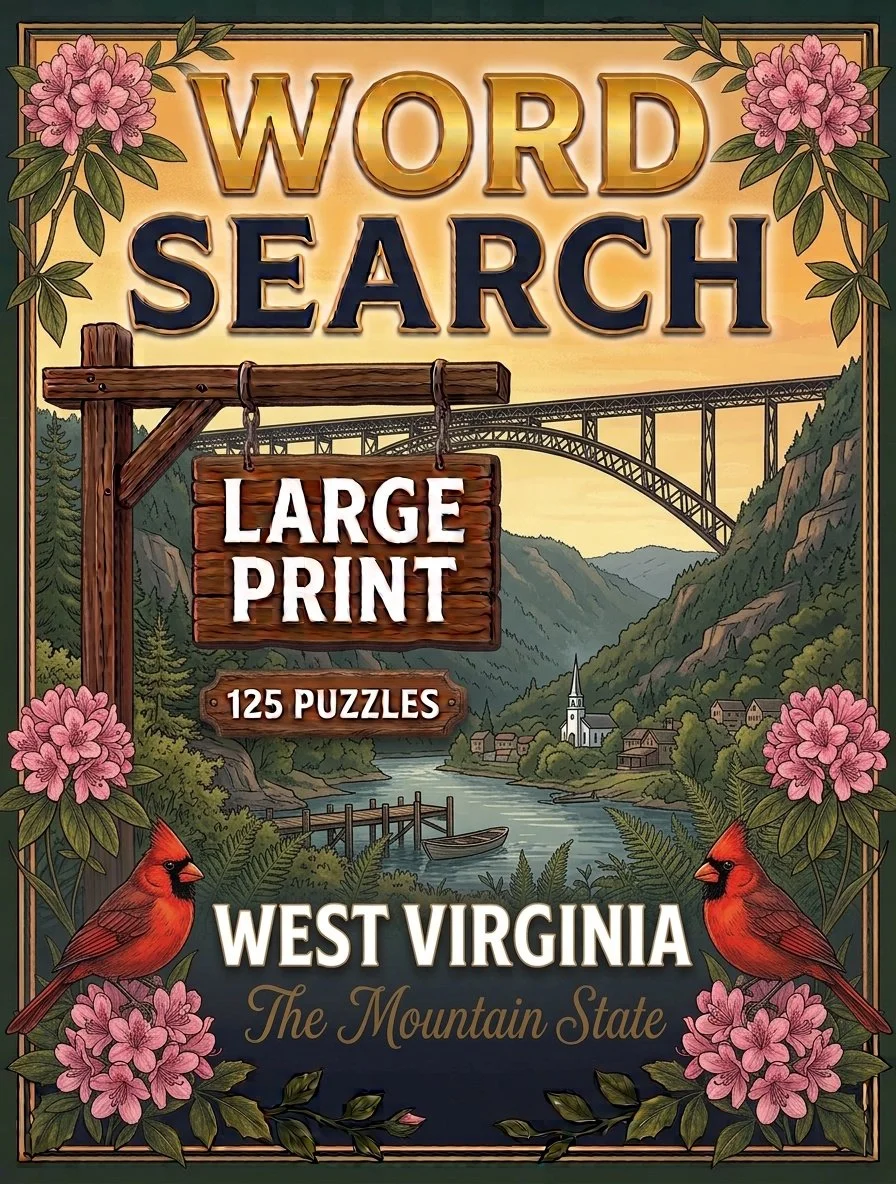 Large-print word searches featuring West Virginia