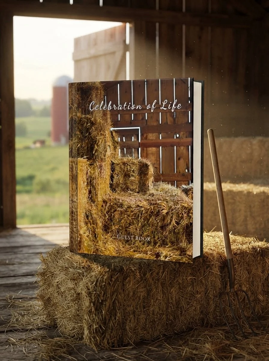 Hay loft celebration of life guest book, 8.25 x 11 hardcover memorial sign-in book for a farmer, rancher, or country family's funeral or memorial service