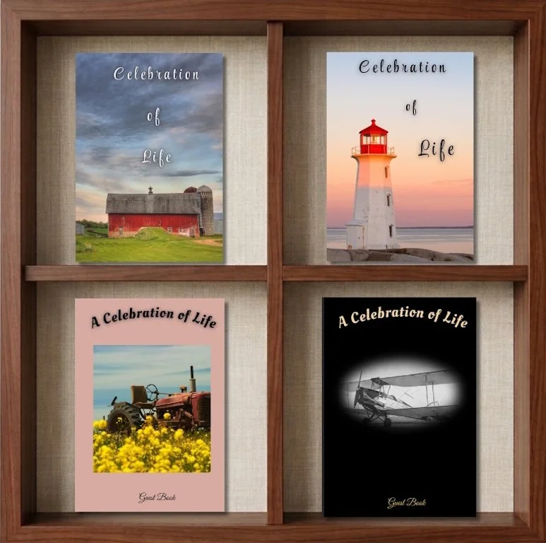 Shelf with four books titled "Celebration of Life" and "A Celebration of Life," each with different cover images: a barn and sky, a lighthouse at sunset, a tractor with yellow flowers, and a vintage airplane.