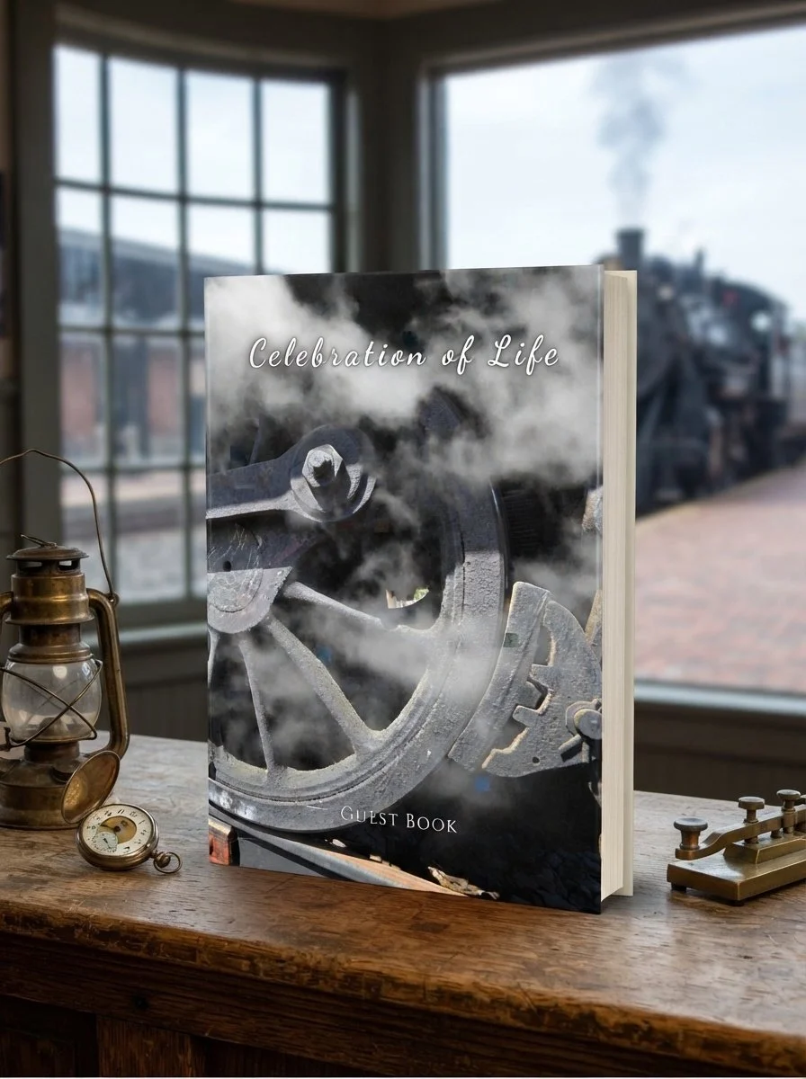 Steam locomotive drive wheel celebration of life guest book, 8.25 x 11 hardcover memorial sign-in book for a railroader, engineer, or train lover's funeral or memorial service