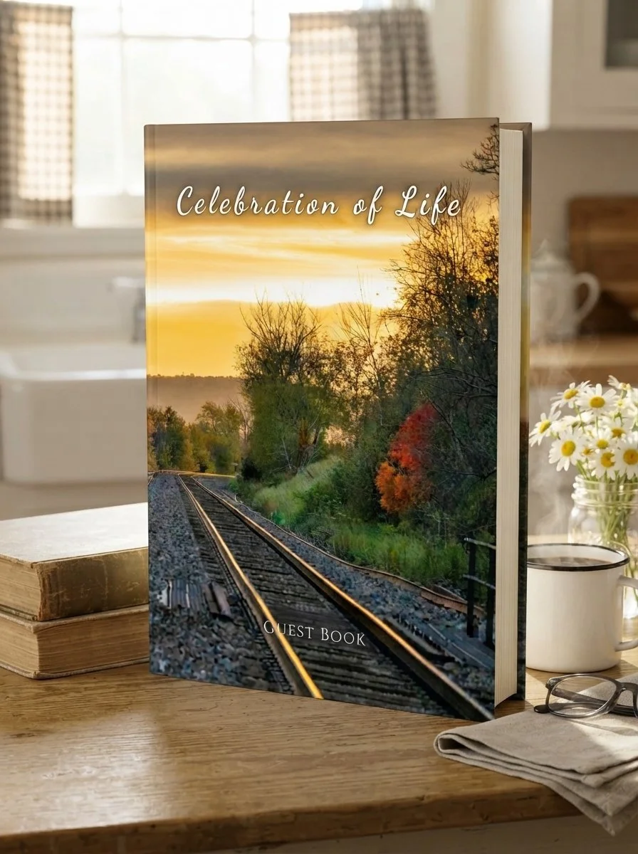Empty railroad tracks celebration of life guest book, 8.25 x 11 hardcover memorial sign-in book for a railroader, train lover, or traveler's funeral or memorial service