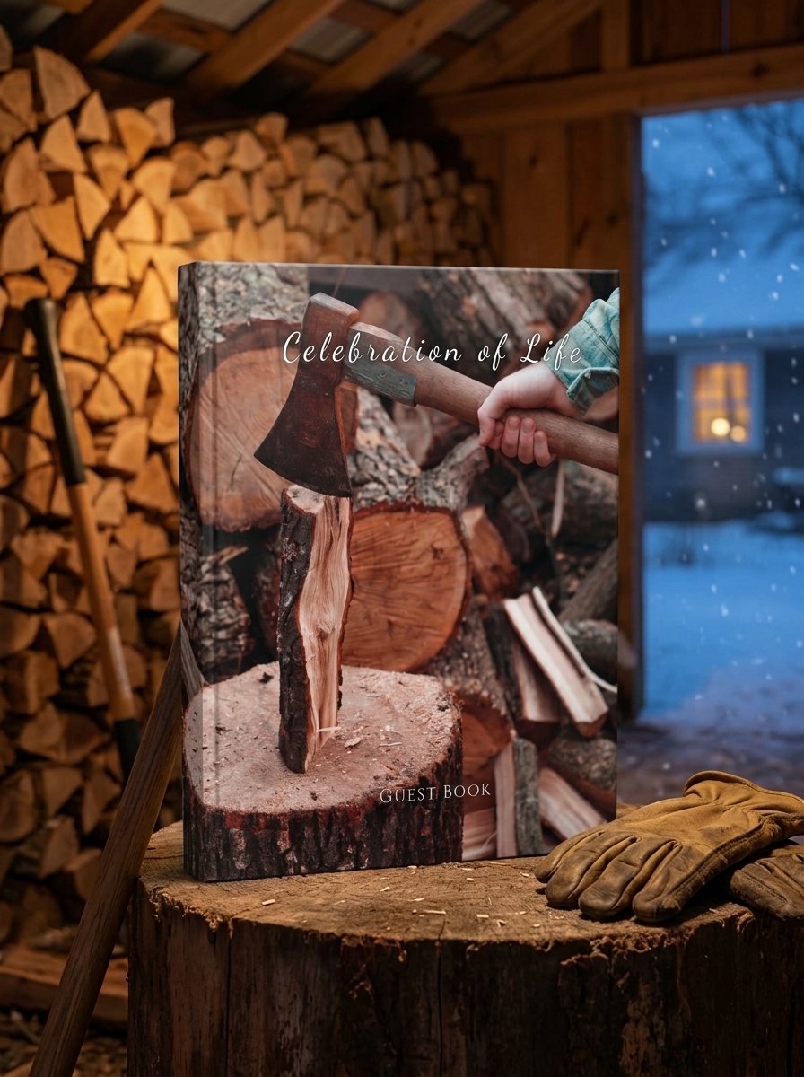 Splitting firewood celebration of life guest book, 8.25 x 11 hardcover memorial sign-in book for a country man, woodcutter, or homesteader's funeral or memorial service