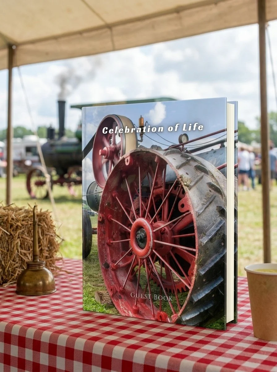 Steam tractor wheel celebration of life guest book, 8.25 x 11 hardcover memorial sign-in book for an antique tractor collector, steam engine enthusiast, or farmer's funeral or memorial service