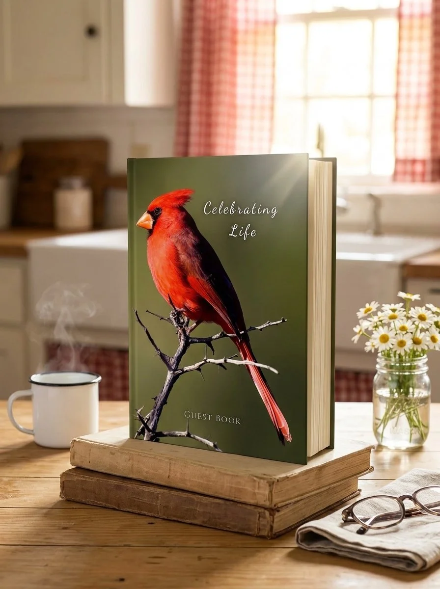 Red cardinal celebration of life guest book, 8.25 x 11 hardcover memorial sign-in book for a bird lover or a remembrance that loved ones are near, for a funeral or memorial service