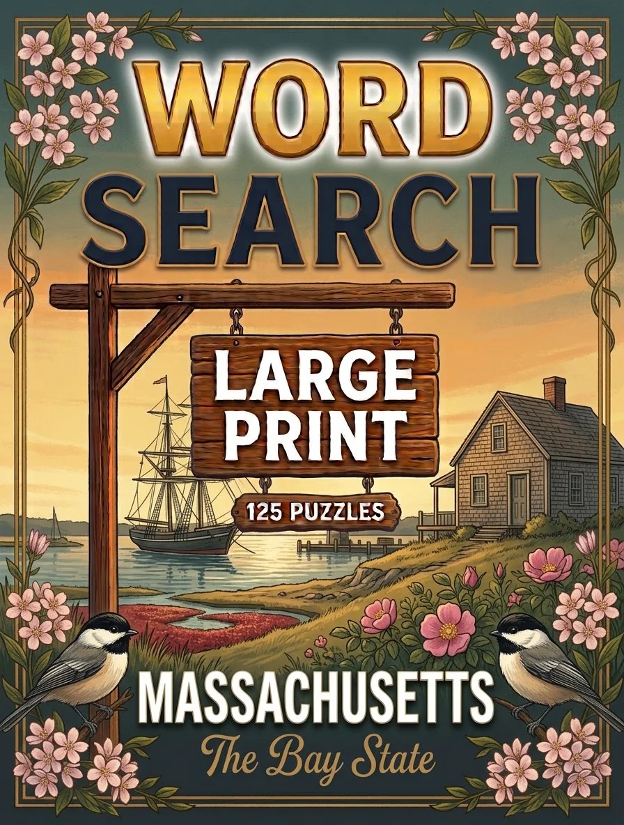 Large-print word searches featuring Massachusetts