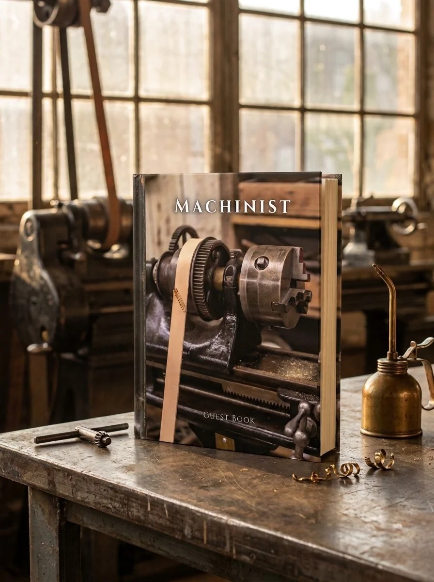 Vintage metal lathe machinist celebration of life guest book, 8.25 x 11 hardcover memorial sign-in book for a machinist, tool and die maker, or machine shop worker's funeral or memorial service