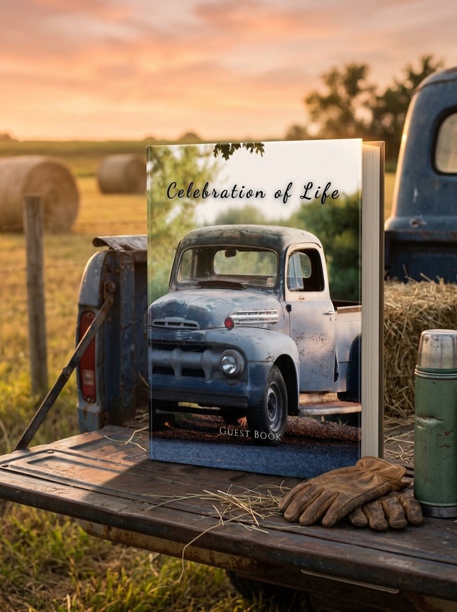 Vintage pickup truck celebration of life guest book, 8.25 x 11 hardcover memorial sign-in book for a classic truck lover, farmer, or country man's funeral or memorial service