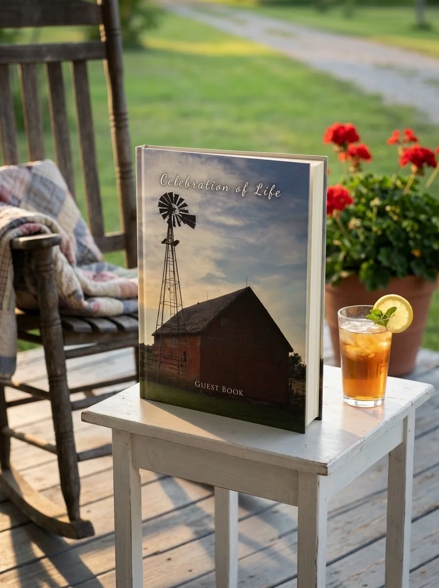 Red barn and windmill celebration of life guest book, 8.25 x 11 hardcover memorial sign-in book for a farmer or rural family's funeral or memorial service