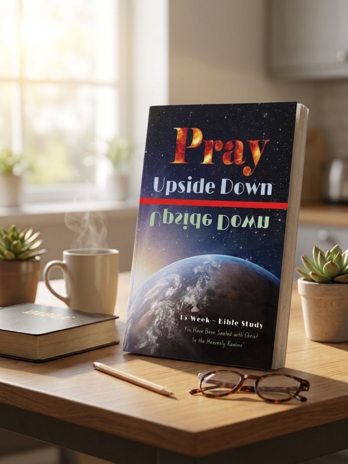 A Bible study book titled 'Pray Upside Down' on a table, surrounded by a notebook, a mug with steam, a pair of glasses, a pencil, and small potted plants, with sunlight coming through a window in the background.