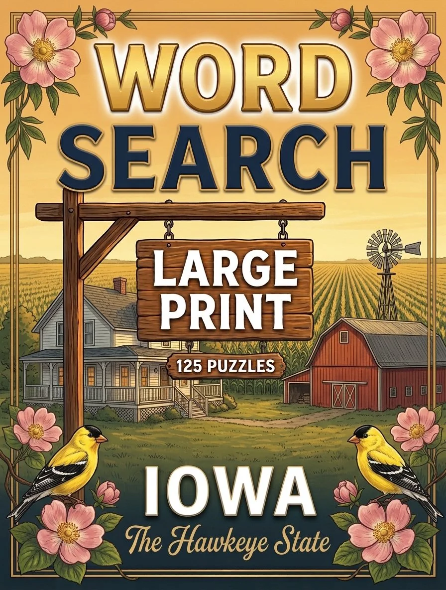 Large-print word searches featuring Iowa