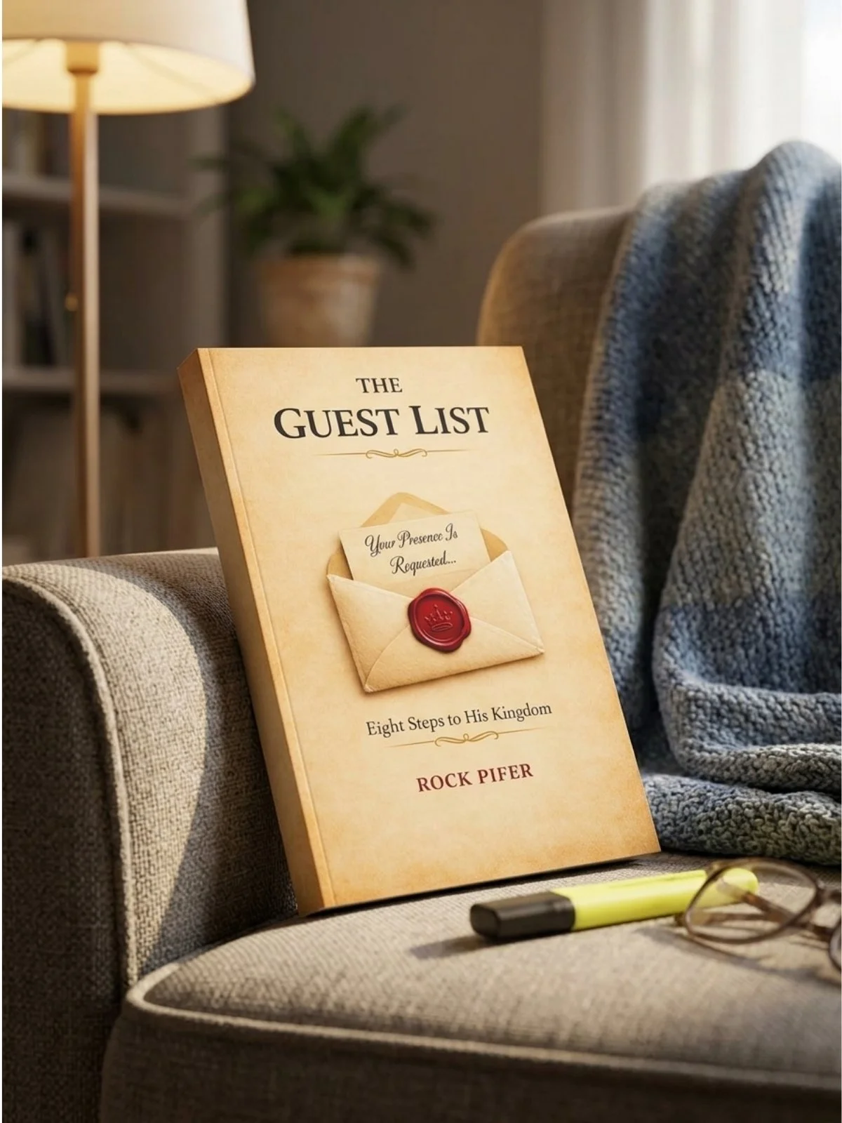A book titled 'The Guest List' resting on a beige armrest of a sofa in a cozy living room. The cover features an envelope with a red wax seal and the subtitle 'Your Presence Is Requested... Eight Steps to His Kingdom'. A black and yellow highlighter and a pair of glasses are also on the sofa.