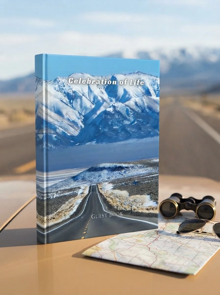 Lone highway celebration of life guest book, 8.25 x 11 hardcover memorial sign-in book for a trucker, traveler, or road-loving adventurer's funeral or memorial service