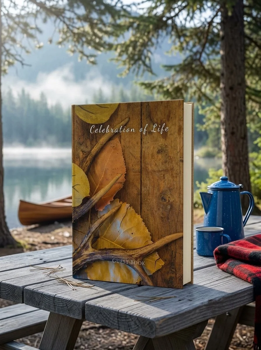 Deer antlers celebration of life guest book, 8.25 x 11 hardcover memorial sign-in book for a hunter or outdoorsman's funeral or memorial service