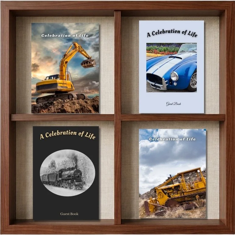 A display of four books titled "A Celebration of Life" and "Guest Book" on a wooden bookshelf. The top left features a yellow excavator at a construction site. The top right shows a blue vintage muscle car with white stripes. The bottom left is a black and white image of a steam locomotive. The bottom right depicts a yellow bulldozer in a dirt field with a partly cloudy sky.