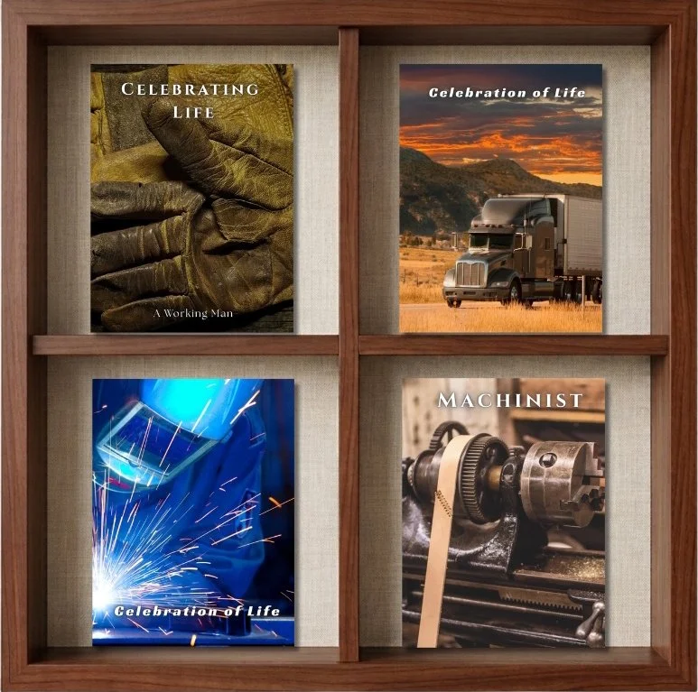 A wooden shelf with four books, titled 'Celebrating Life,' 'Celebration of Life,' 'Celebration of Life,' and 'Machinist,' featuring images of a worker's hands in gloves, a truck driving through a landscape, welding sparks, and a machine part.