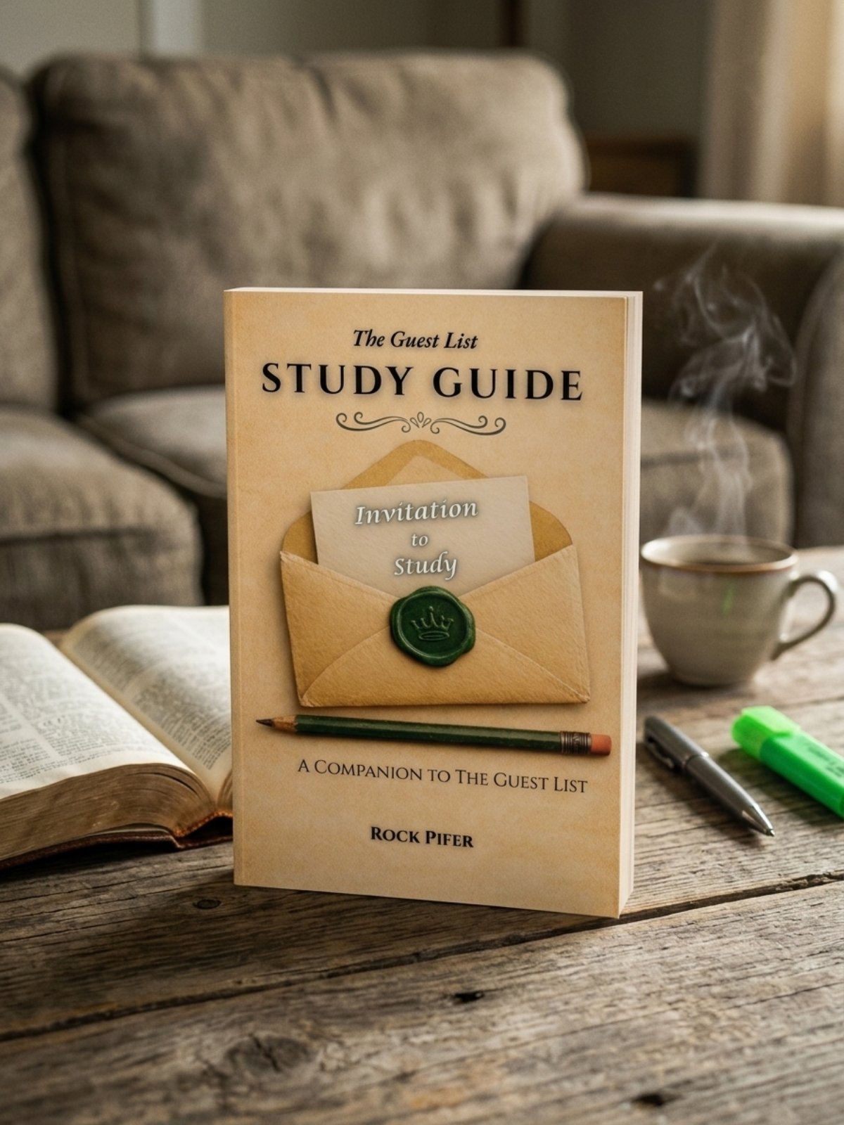 Book titled "Study Guide: The Guest List" by Rock Pifer stands on a wooden table, with an open book, a green pen, and a black pen nearby. A steaming cup of coffee and a bright green highlighter are also on the table in a cozy room with a sofa in the background.