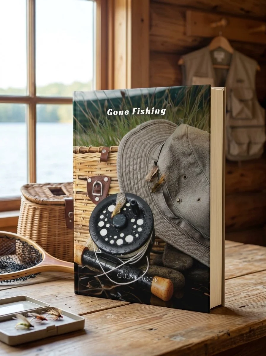 Fly fishing reel and hat celebration of life guest book, 8.25 x 11 hardcover memorial sign-in book for a fisherman or angler's funeral or memorial service