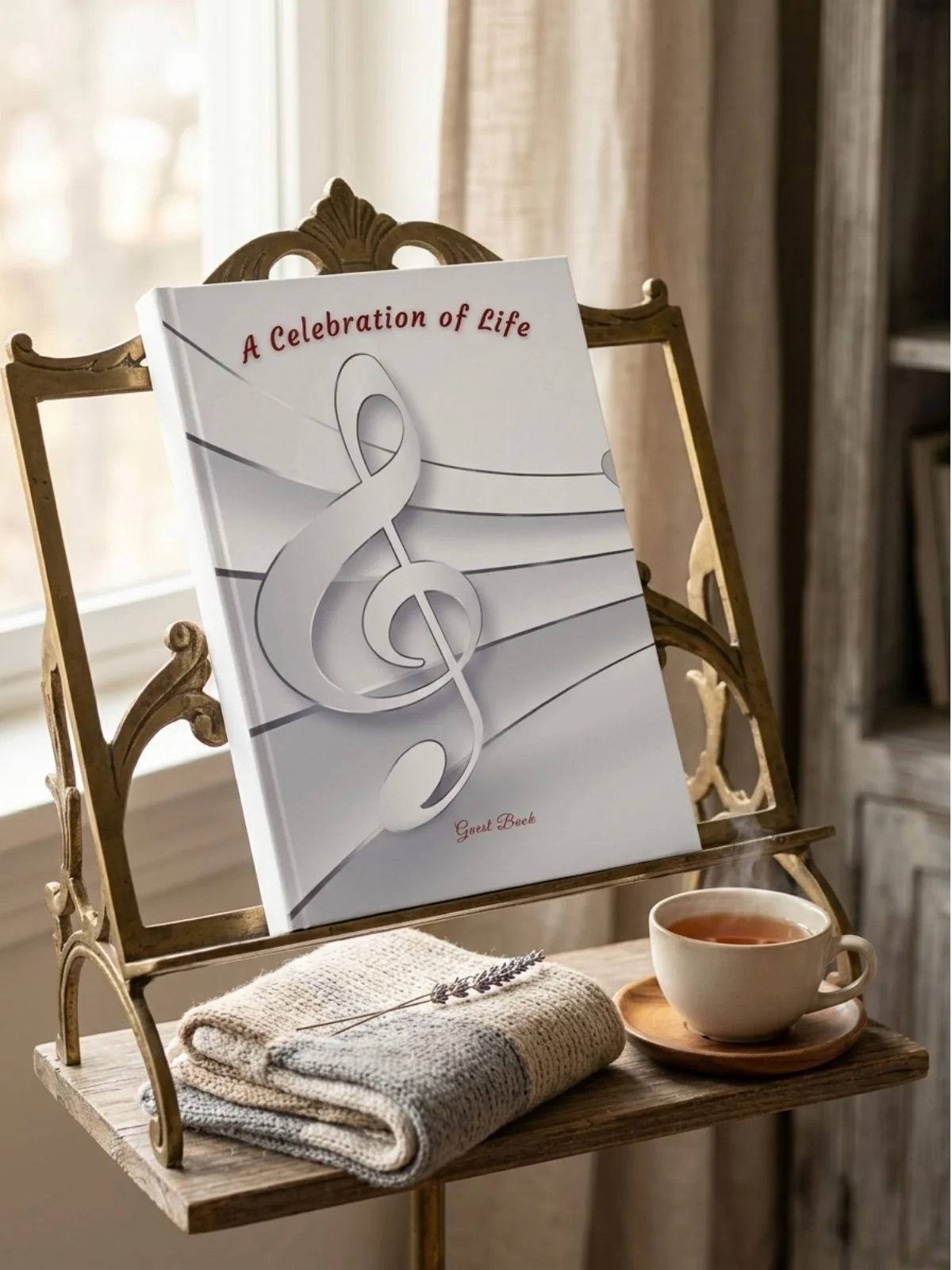 Book titled 'A Celebration of Life' with musical notes design on a music stand, a beige woven towel with lavender sprig on a wooden table, and a white cup of tea nearby, set near a window with curtains.