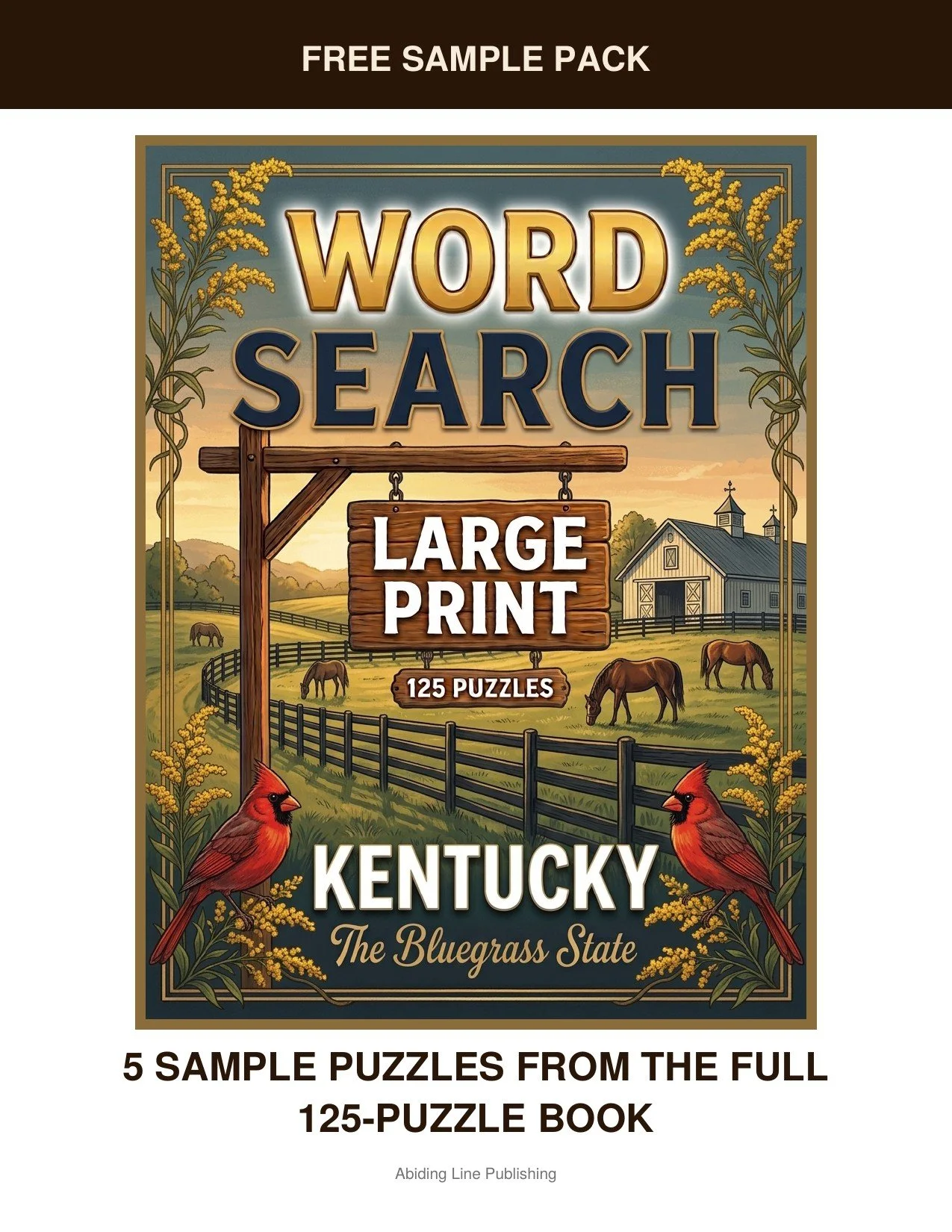 Kentucky
Take it for a spin first — this free sample pack pulls five real puzzles straight from the pages, inspired by horse farms, red barns, and rolling bluegrass hills, so you know just what you're getting. Every puzzle is set in the same large-pr