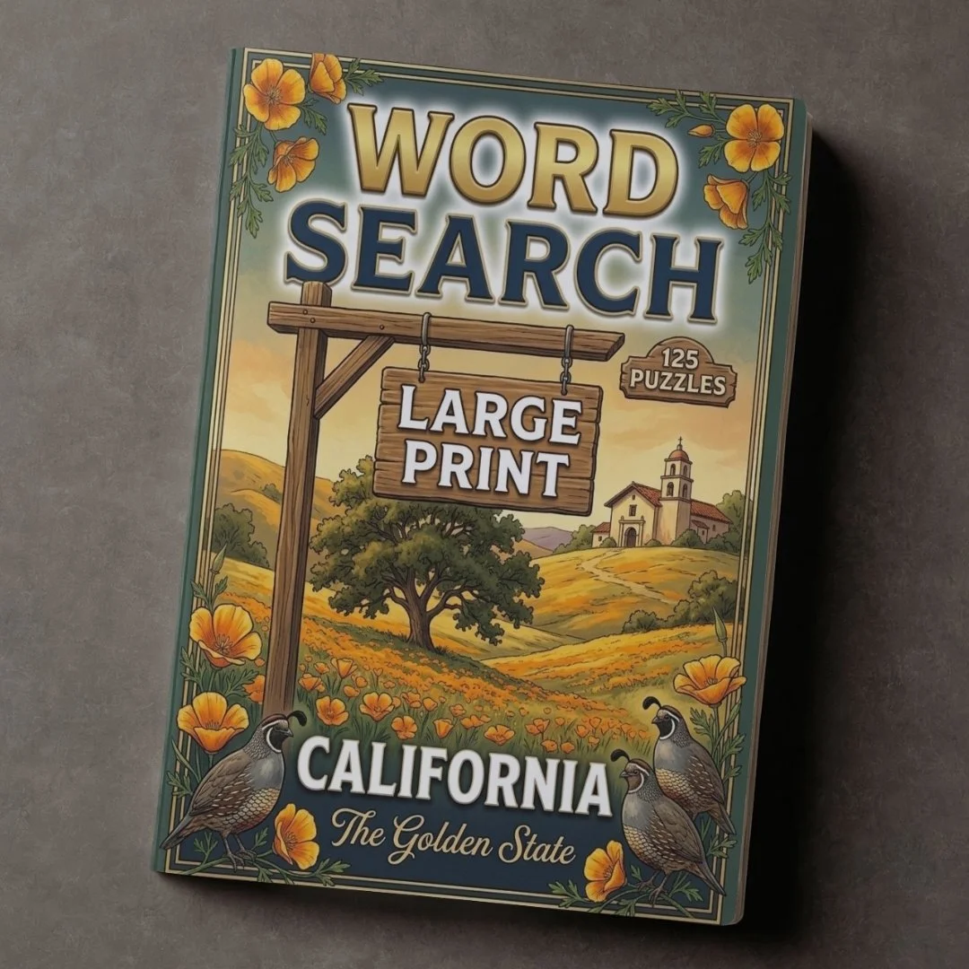 A large print word search puzzle book titled 'California The Golden State' with illustrations of songbirds, flowers, a tree, and a church on the cover.
