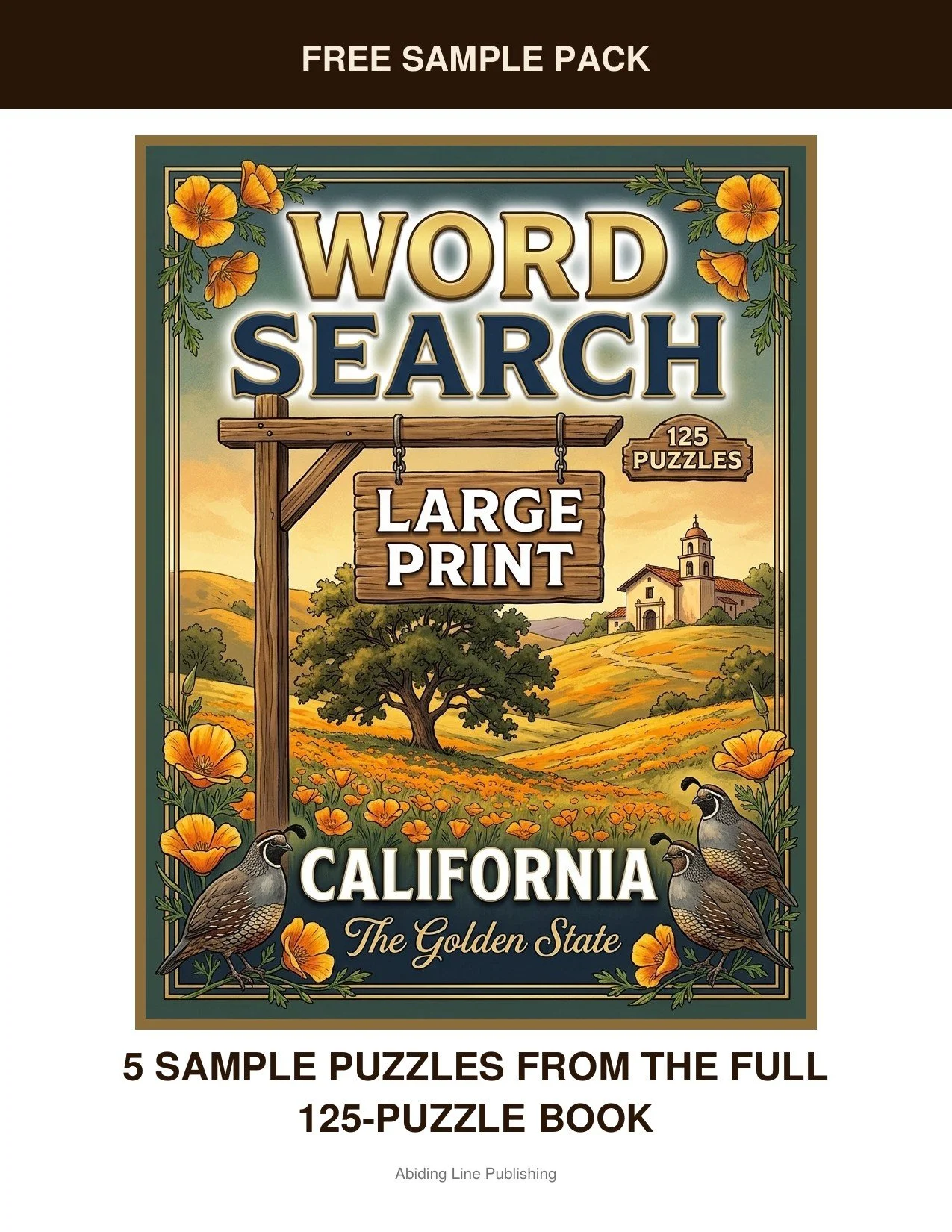 California
Take it for a spin first — this free sample pack pulls five real puzzles straight from the pages, inspired by golden poppies, coastal missions, and the open road, so you know just what you're getting. Every puzzle is set in the same large-