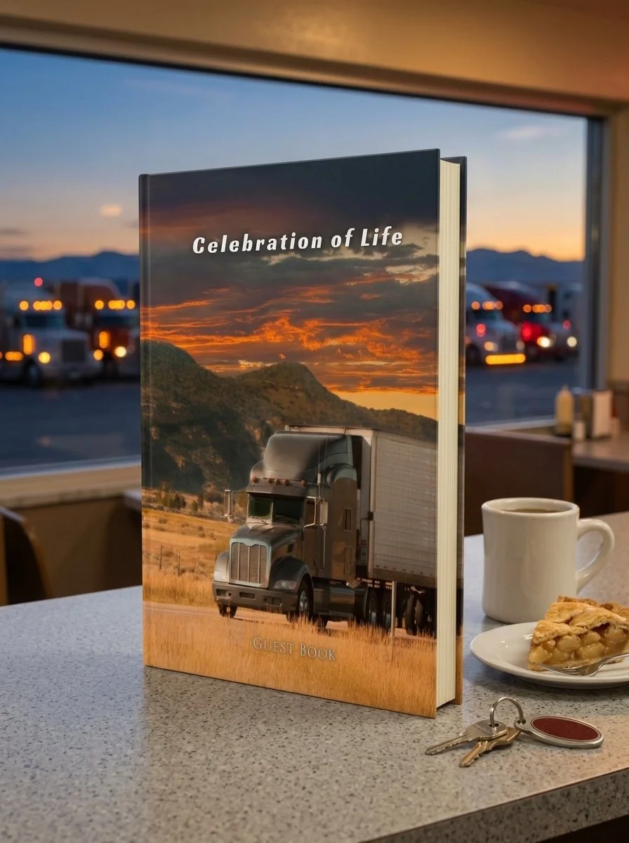 Semi truck at sunset celebration of life guest book, 8.25 x 11 hardcover memorial sign-in book for a truck driver or over-the-road trucker's funeral or memorial service