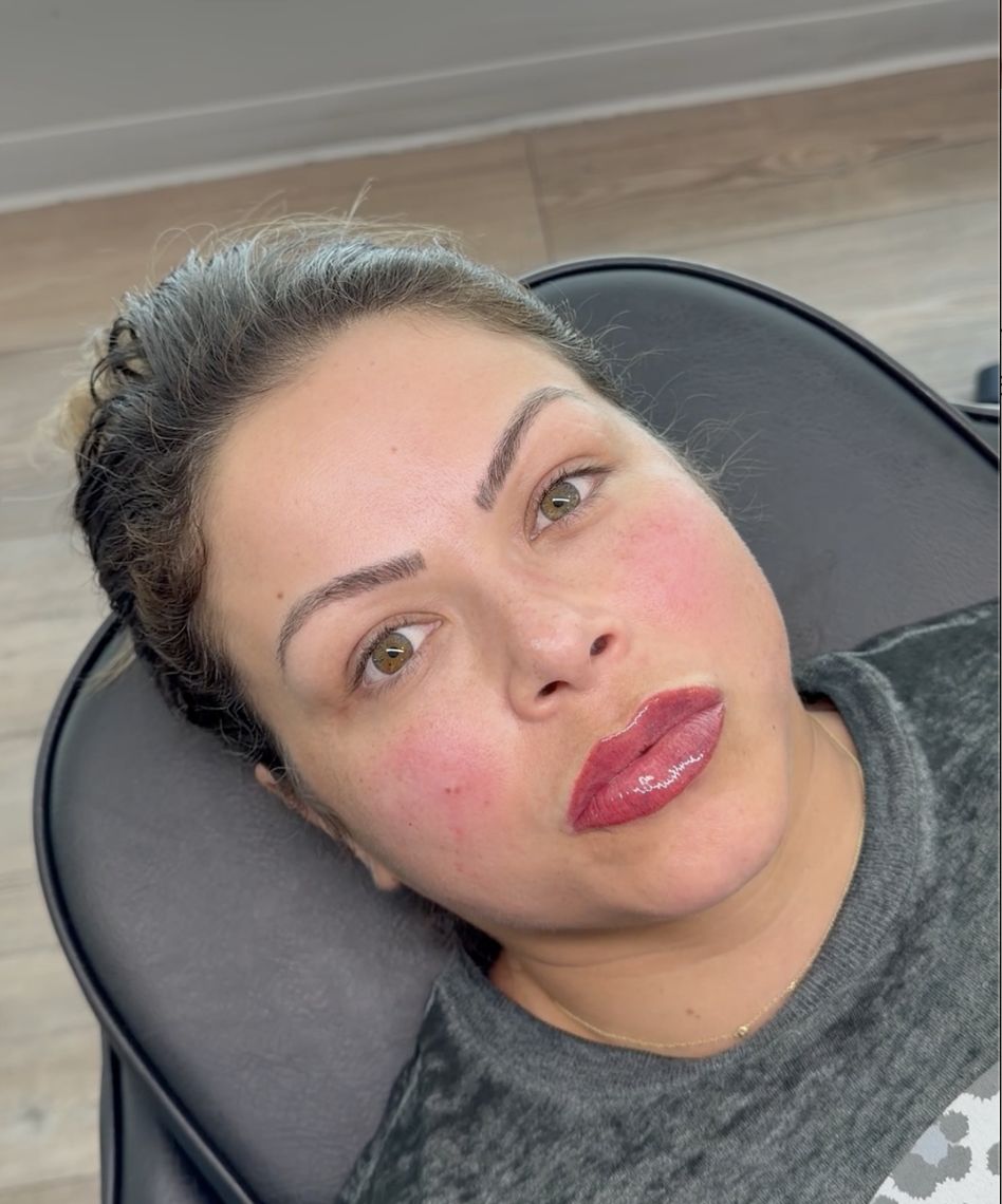 Close-up of client directly after lip blushing appointment.