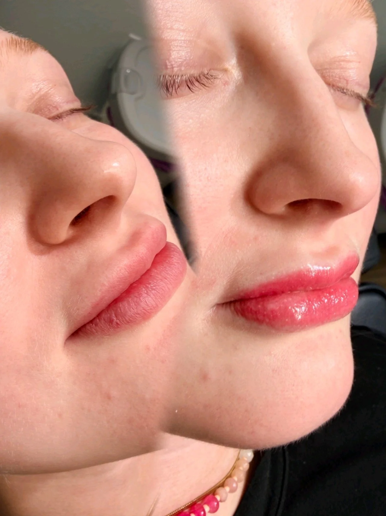 Close-up before and after lip blushing appointment.