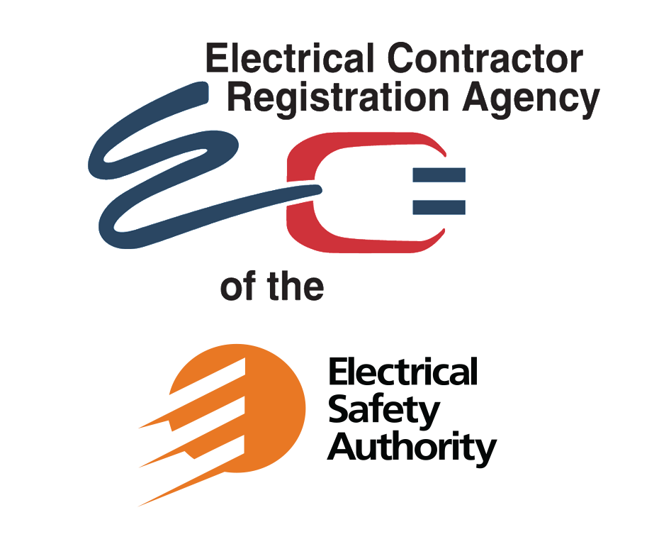 Logo for Electrical Contractor Registration Agency of the Electrical Safety Authority featuring a stylized power plug and cord, with black and orange text.