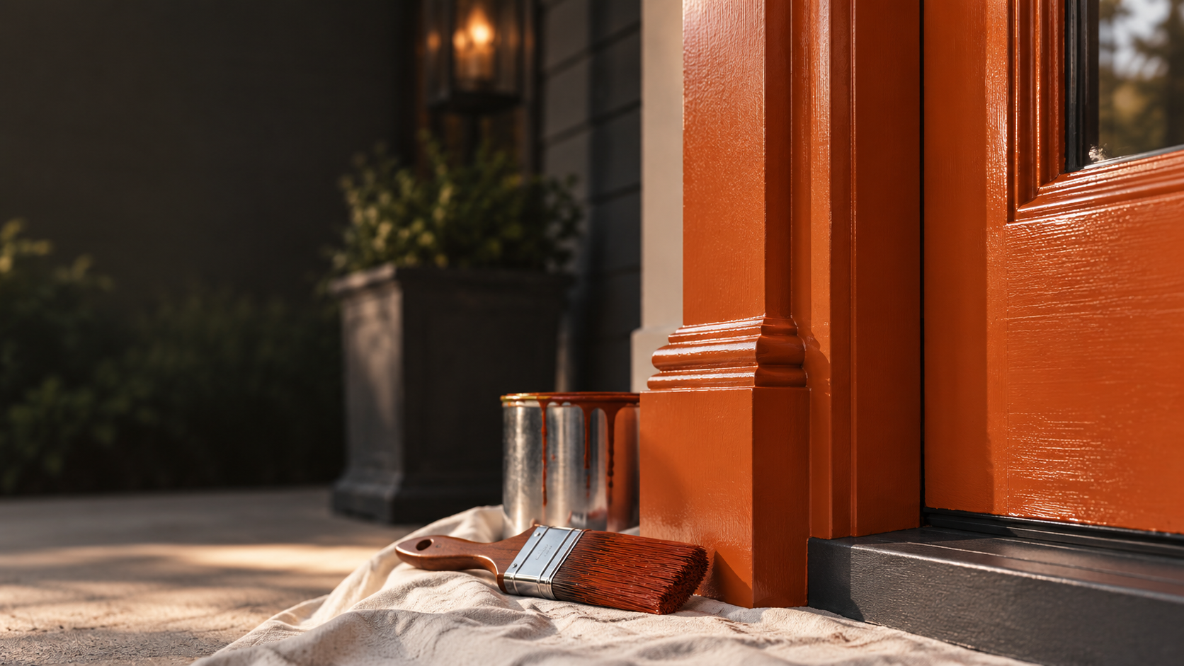 Close-up of a house's front porch with painting supplies, including a paintbrush, can of paint, and a towel, in front of a freshly painted orange door.