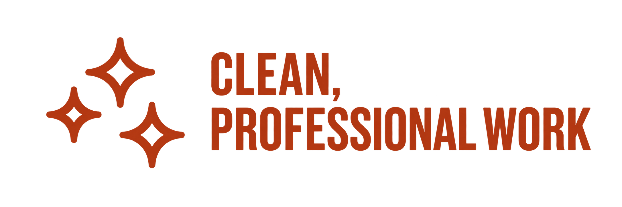 Logo with three sparkling stars and the words 'Clean, Professional Work' in bold red font.