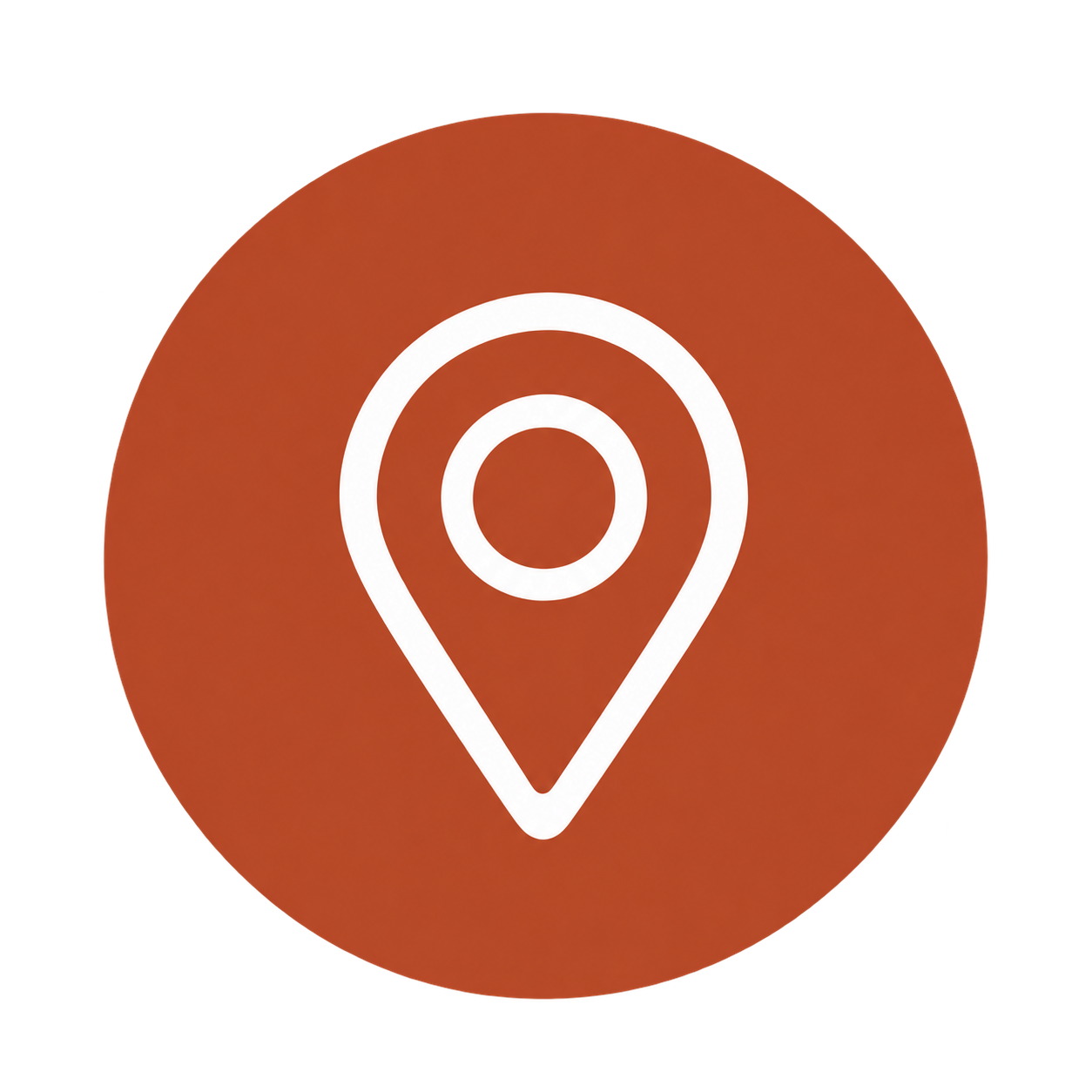 A map pin icon in white on a reddish-brown circular background, representing a location marker.