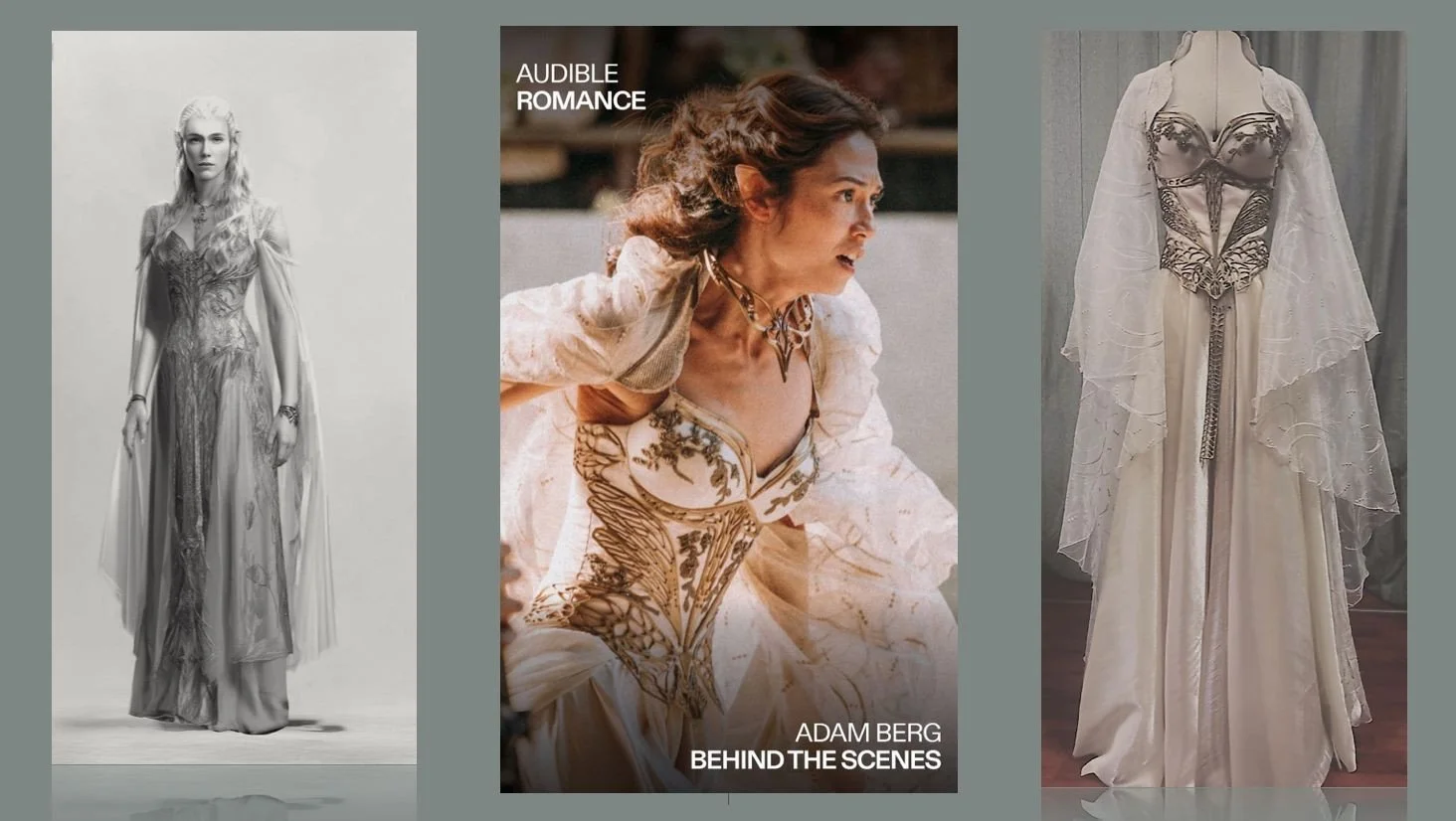 Three images related to a costume or fashion design. The first is a black-and-white photo of a woman in a detailed, flowing gown on a runway. The second is a promotional poster for a production titled "Behind the Scenes" by Adam Berg, showing a woman