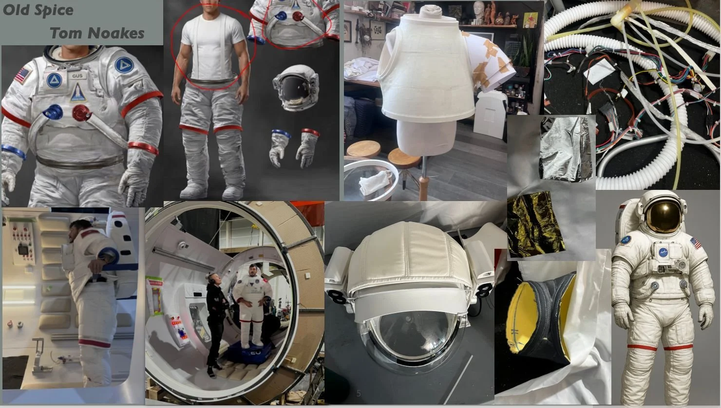 Collage of images related to space and astronaut gear. Includes astronauts in suits, spacesuits, a space helmet, and a spacecraft interior. Also shows astronaut figures, wiring, and a room with a mannequin dressed as an astronaut, likely for display 