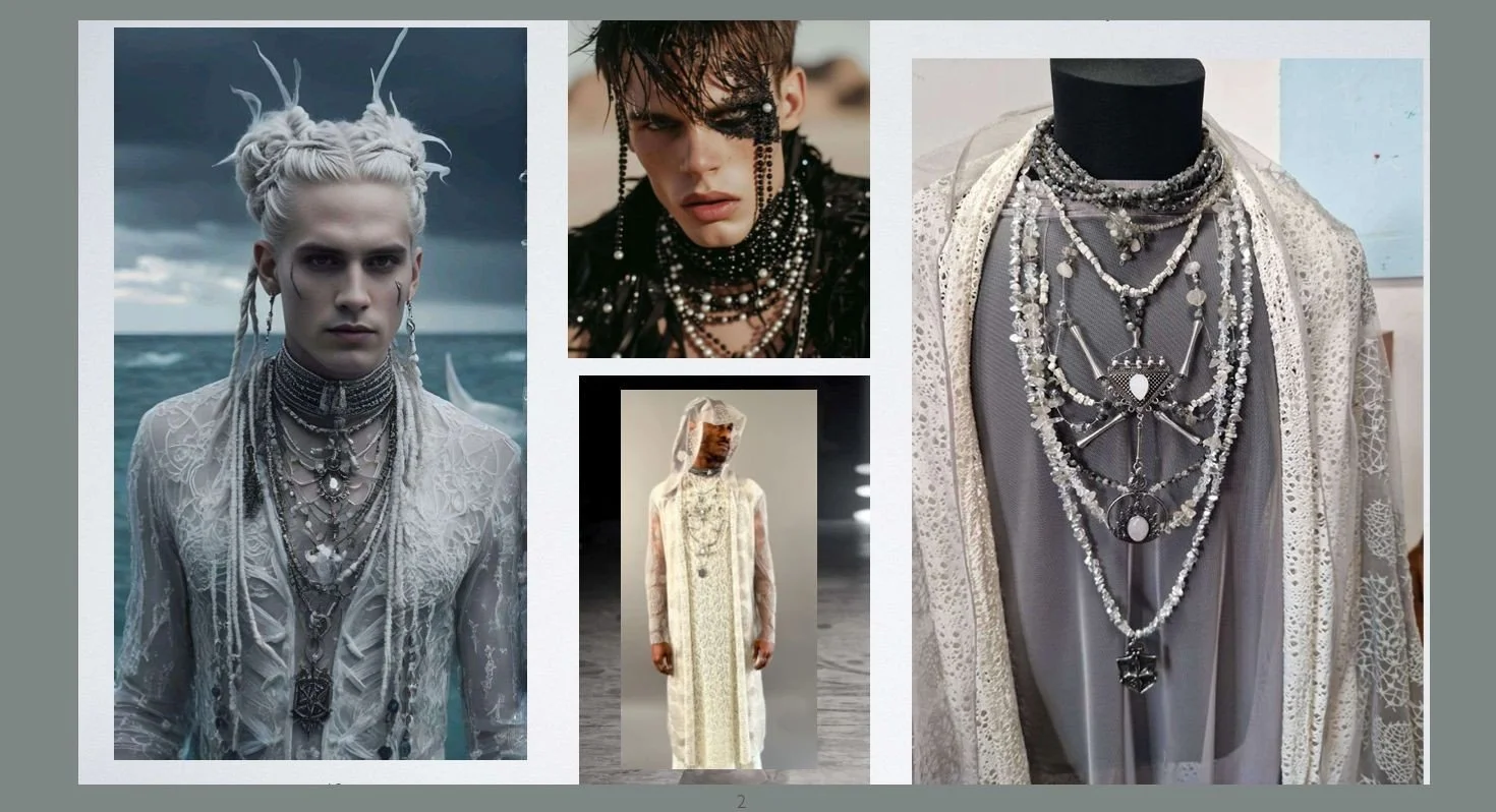 Fashion photos showcasing layered jewelry on models and display mannequins, with intricate lace and beaded clothing.