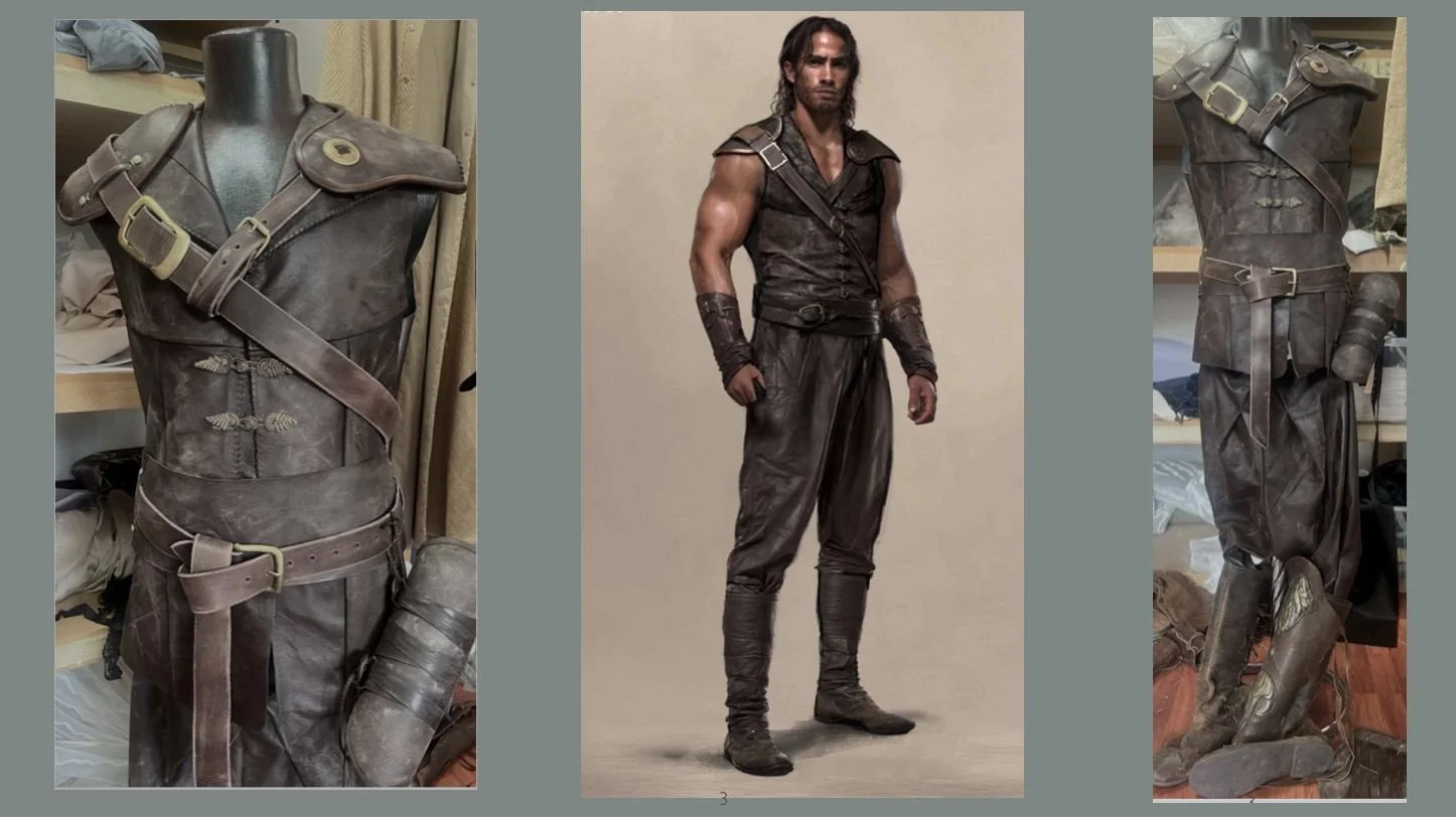 Three images: a costume on a mannequin, a man wearing the costume, and a close-up of the costume's upper body. The costume is made of dark brown leather with shoulder straps, buckles, and a dagger sheath.