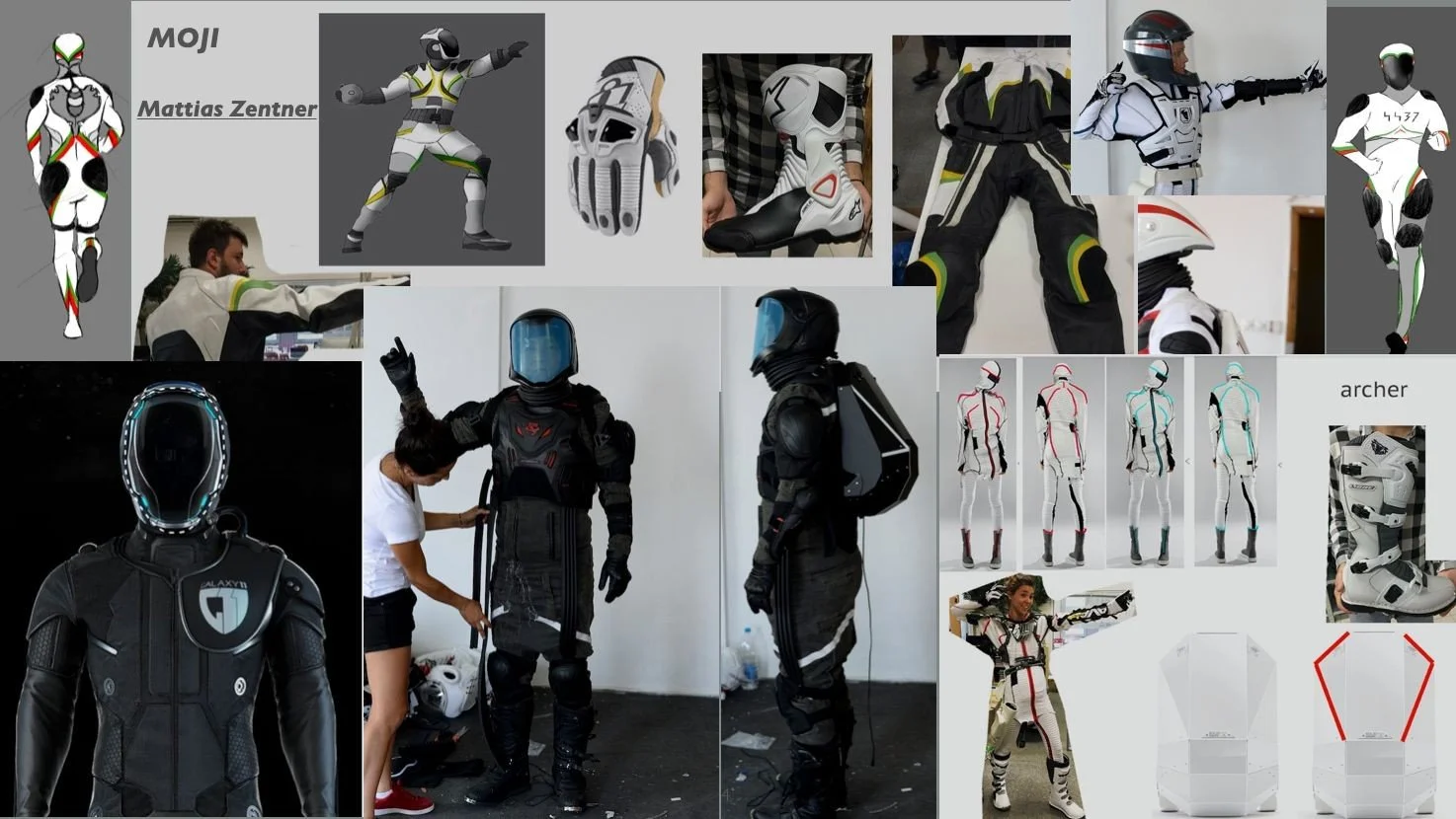 Collage of various motorcycle racing gear and suits, including helmets, gloves, racing suits, and mannequin displays, with some individuals trying on suits.