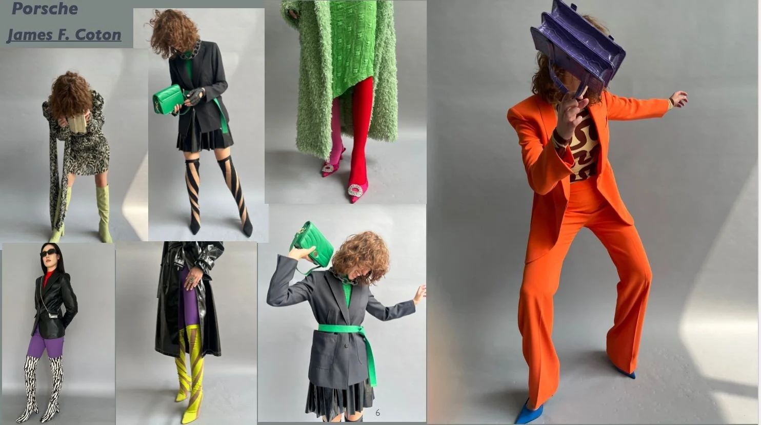 Group of people wearing colorful, high-fashion outfits including animal prints, bright colors, and bold accessories, posing against a gray background.