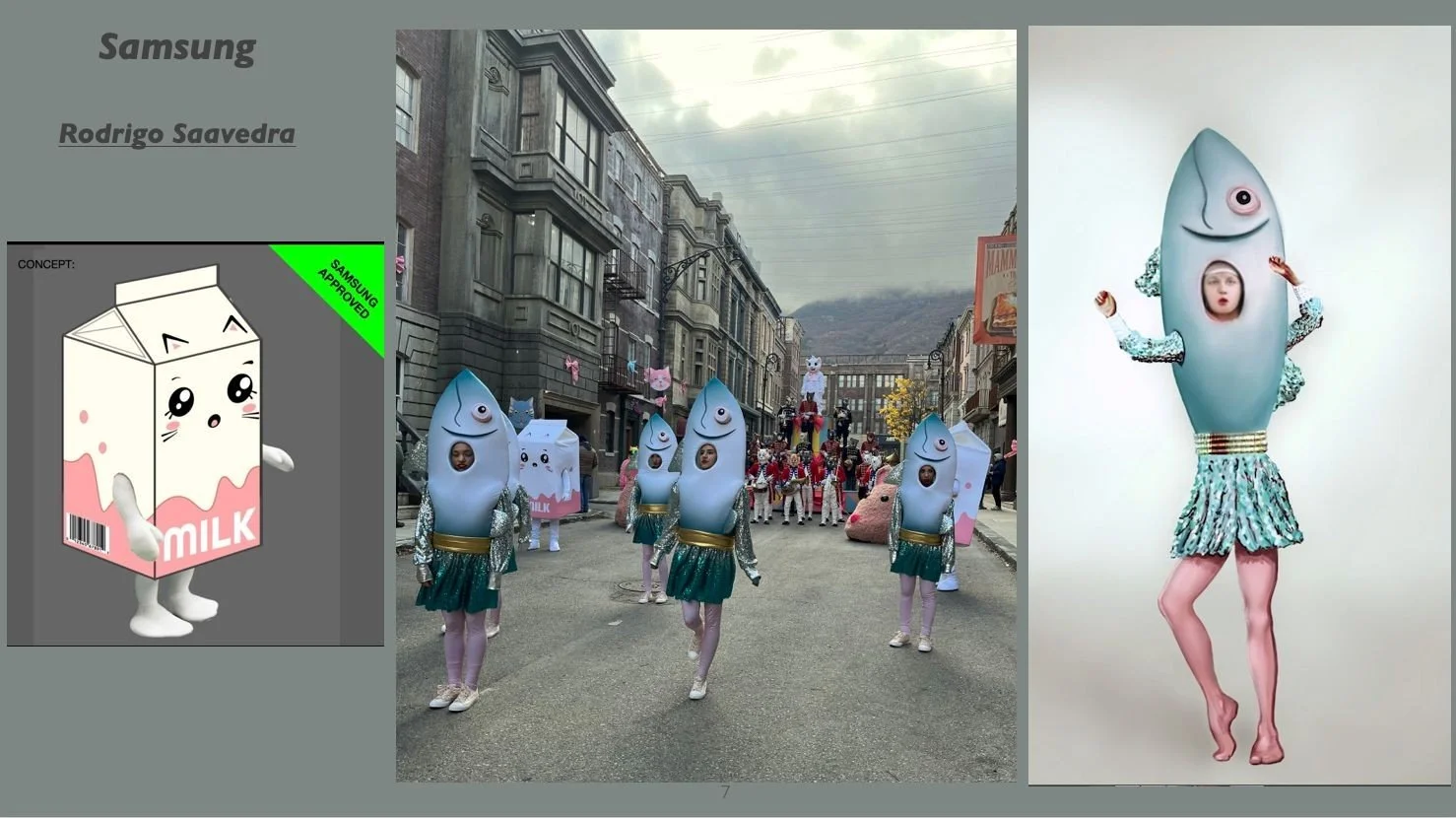 A parade with participants wearing costumes with large fish heads, walking down a city street with buildings and mountains in the background. Another person wearing a fish head costume with a human face is posing against a plain background.