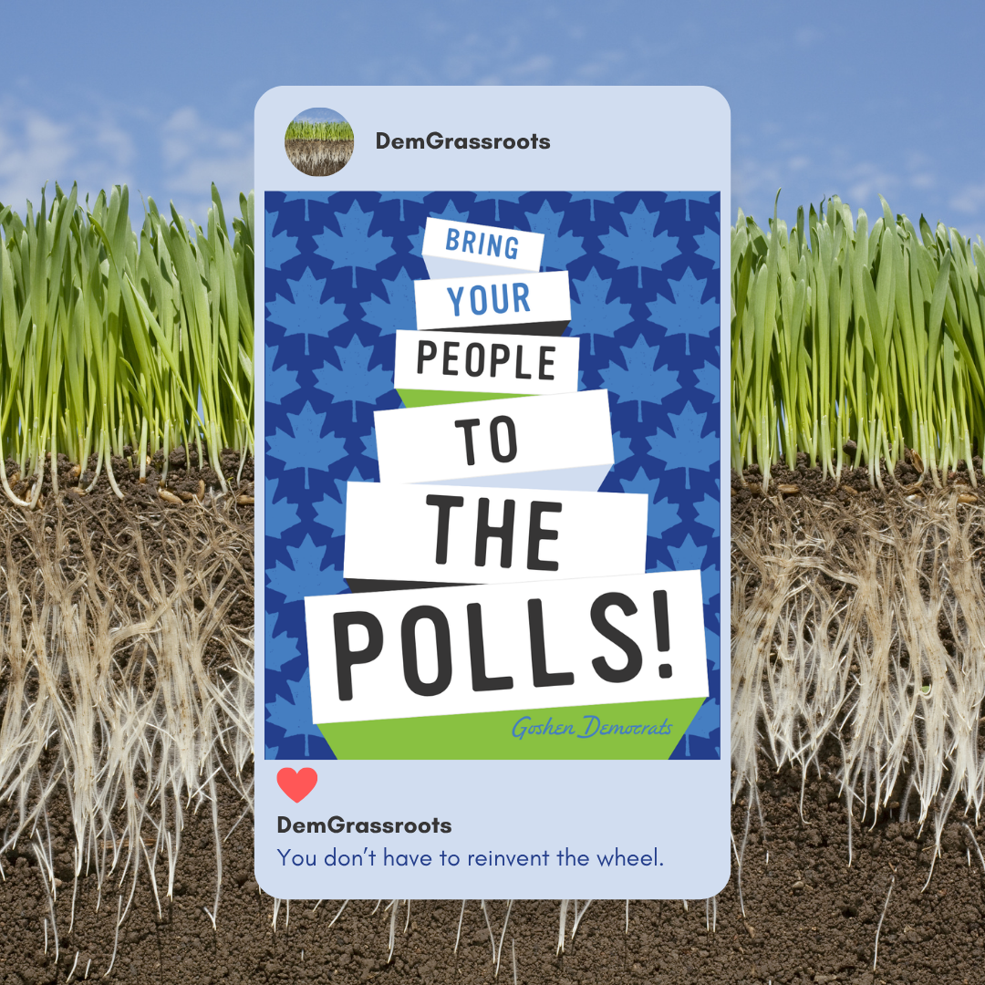 Social media post from DemGrassroots with a message to bring your people to the polls, featuring a background with blue maple leaves, and a green banner with the text "Goshen Democrats."
