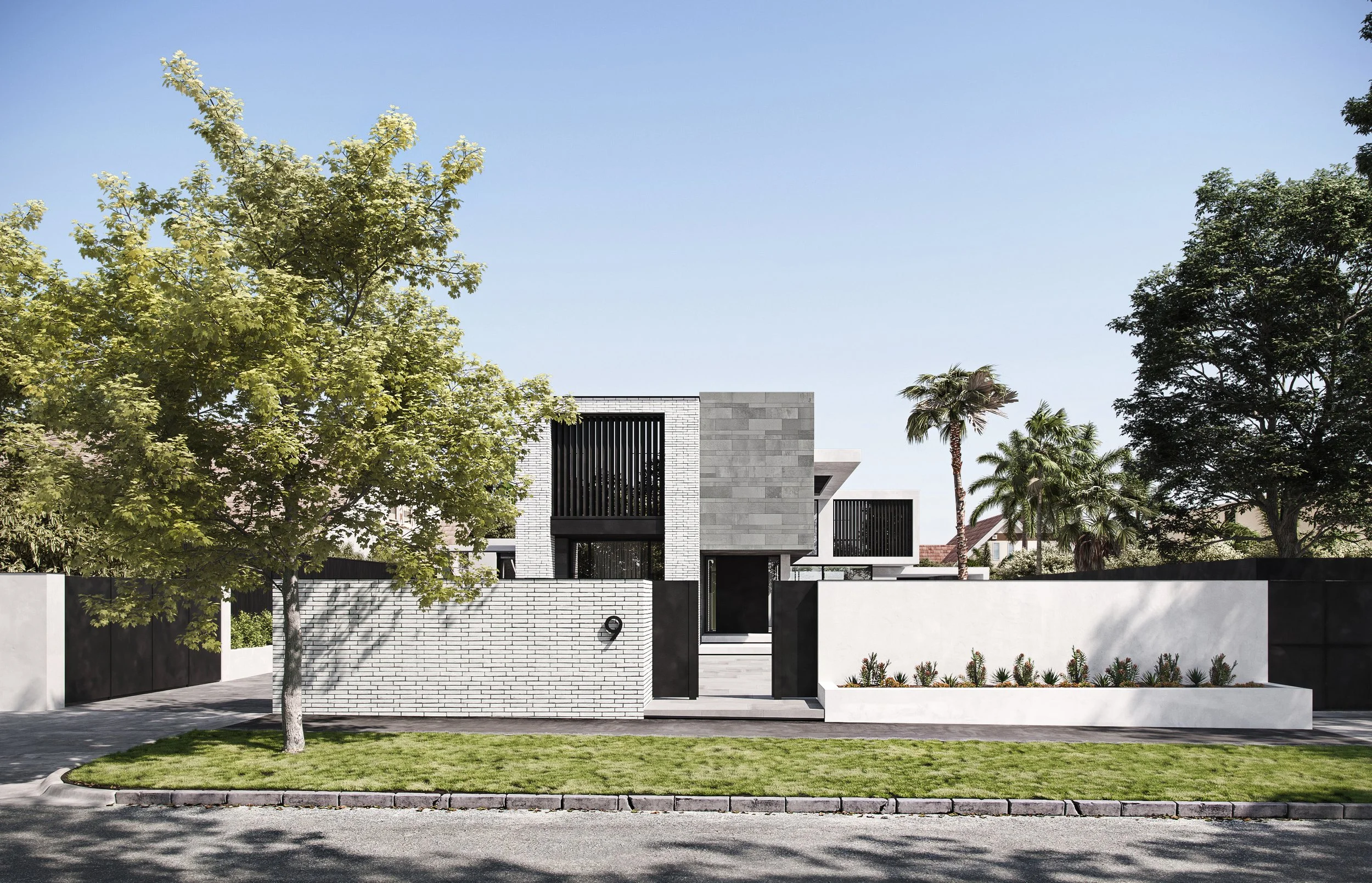 Modern white brick house with black accents, surrounded by a fence, trees, and well-maintained lawn under a clear blue sky.