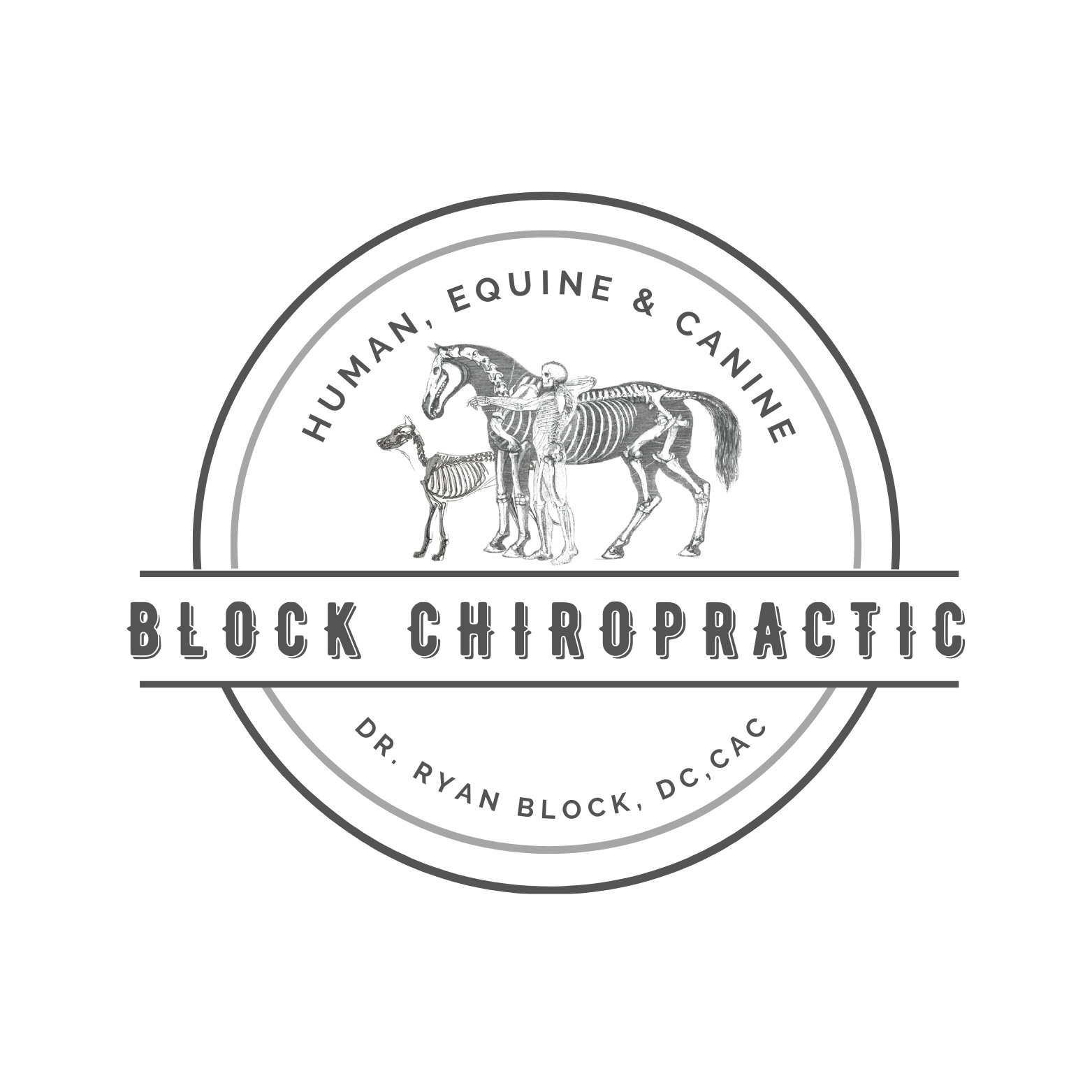 Logo for Block Chiropractic, featuring skeletons of a human, horse, and dog, with the text "Human, Equine & Canine" and "Dr. Ryan Block, DC, CAC".