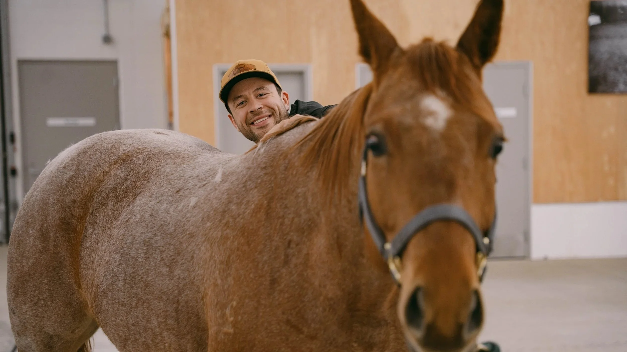 Close-up of a brown horse's head and shoulder, with a man smiling and leaning over the horse in an indoor stable or barn.
