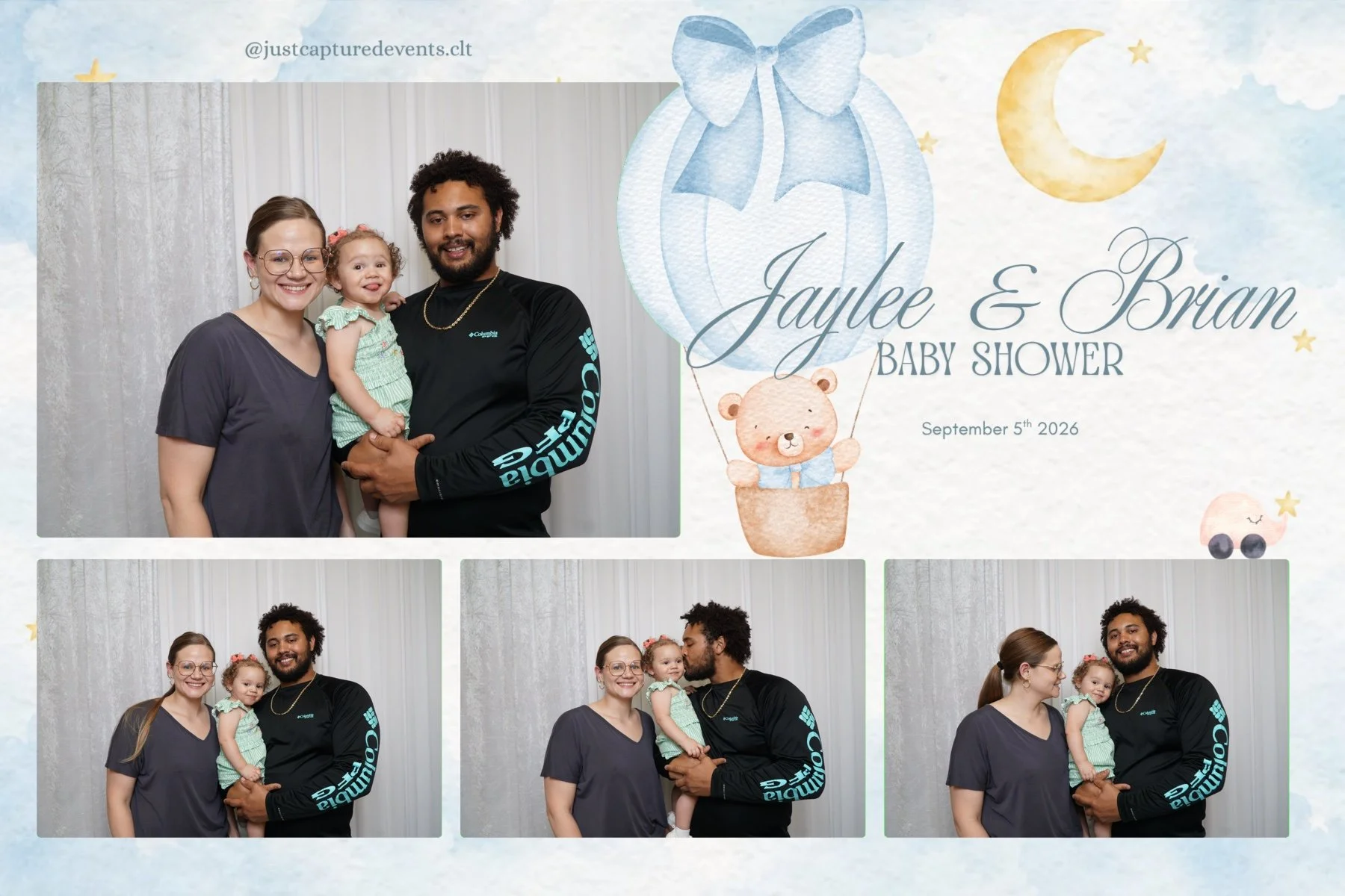 A couple and a young girl in front of a pastel blue and white background with moon and star illustrations for a baby shower. The couple is holding the girl, and all are smiling at the camera. The event is named Jaylee & Brian Baby Shower, dated September 5th, 2026.