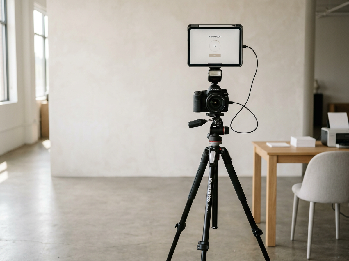 DSLR Camera tripod Photo Booth set up with tablet screen displaying 'Photo booth' interface in a minimal indoor setting with a wooden table, printer, and chair.